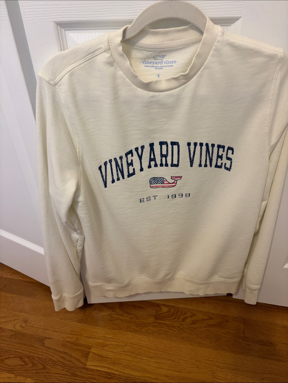 Vineyard Vines Cream Sweatshirt with Navy Logo and Pink Whale Accent